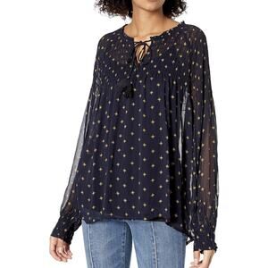 Lucky Brand blue gold star blouse, ladies medium smocked long sleeve tie top